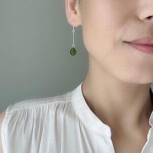 Sterling Silver Rod With Olive Green Glass Teardrop Earrings Minimal Earrings